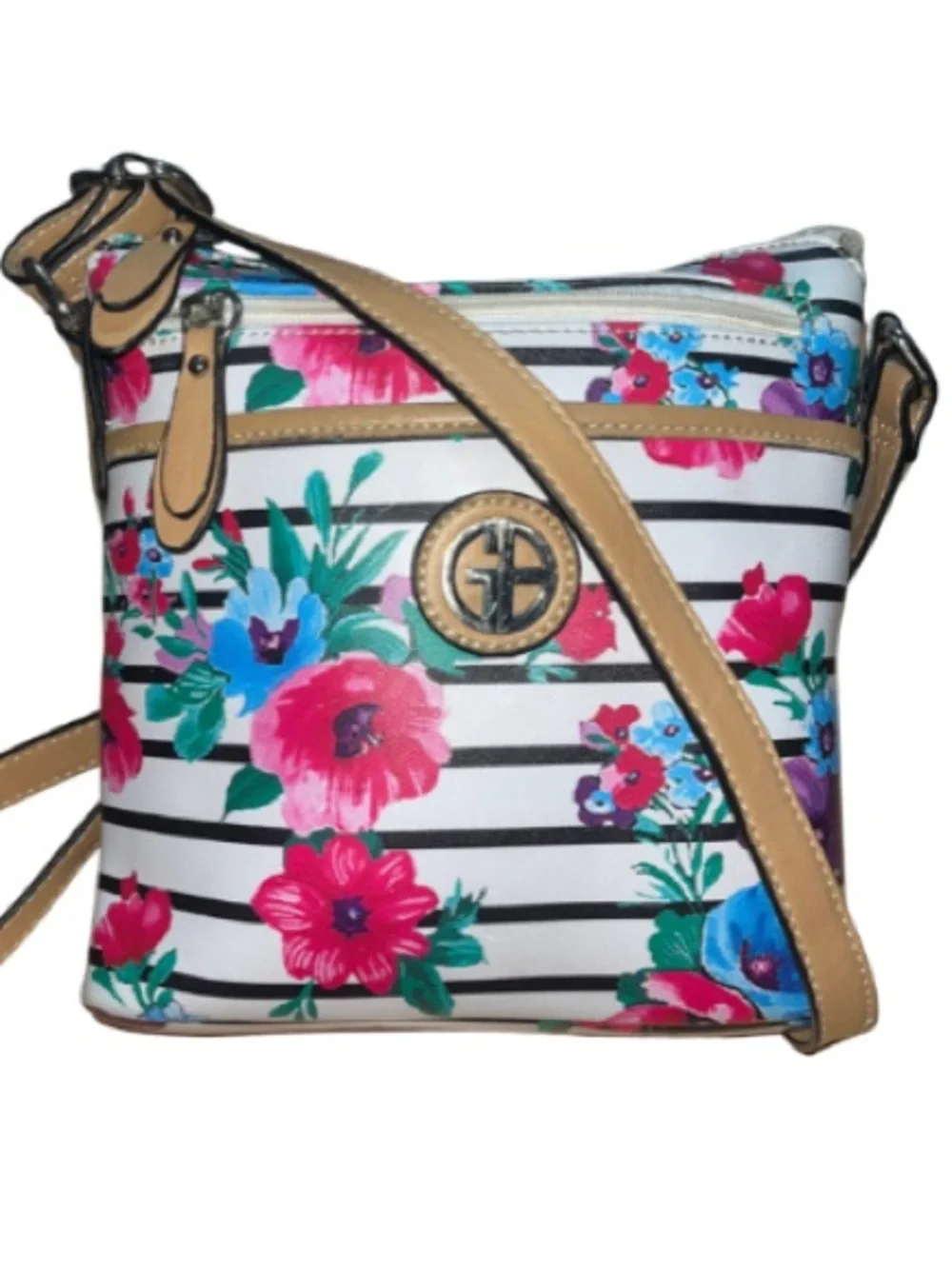 Giani Bernini Floral Stripe Faux Saffiano Crossbody Bag W/Tan Trim, GUC